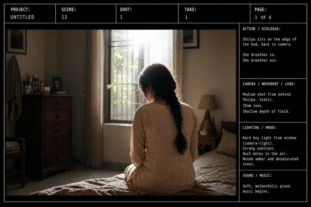 Annotated storyboard page example: a single medium shot panel with action, camera, lighting and sound annotations