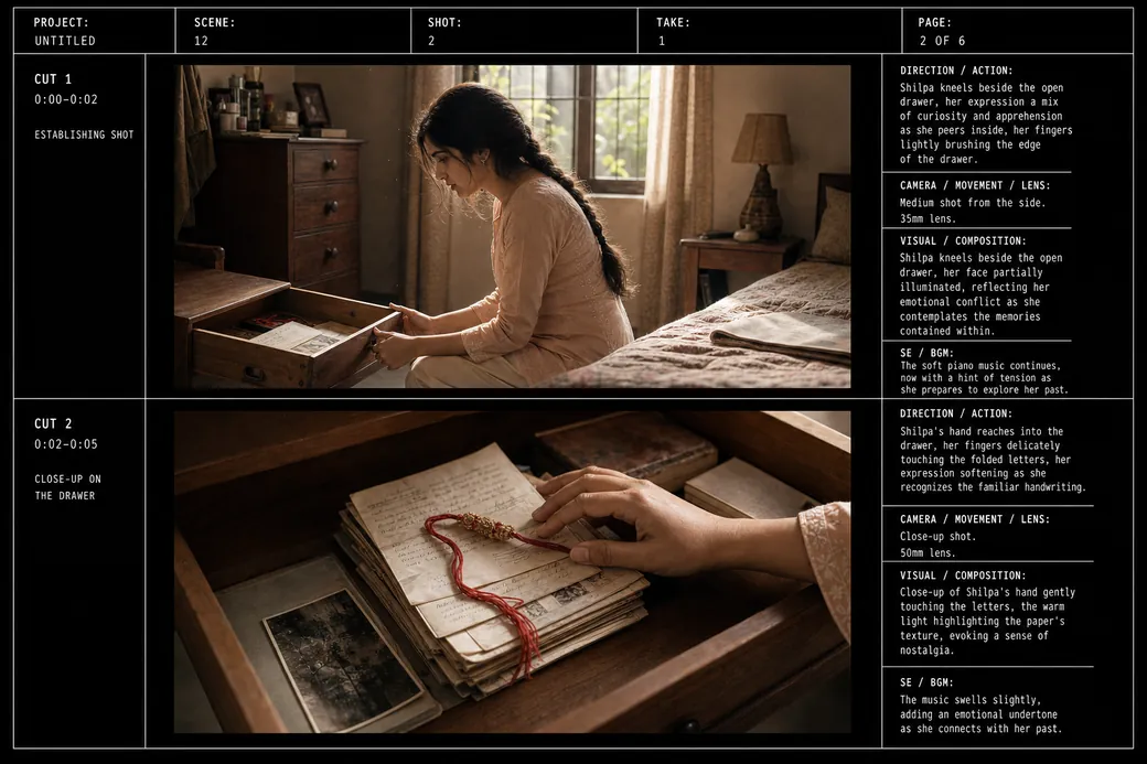 Annotated storyboard page example with two cuts, timecodes, lens notes and composition annotations