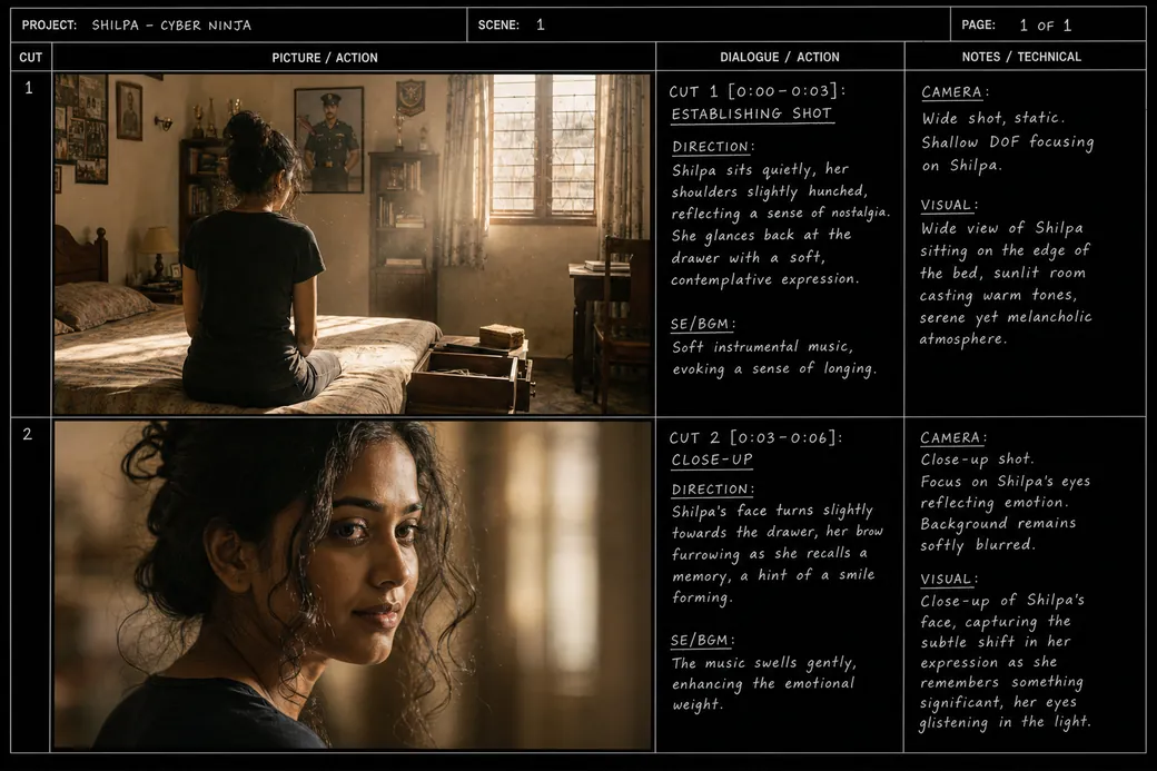 Storyboard example in table layout showing a wide establishing shot and a close-up with technical notes
