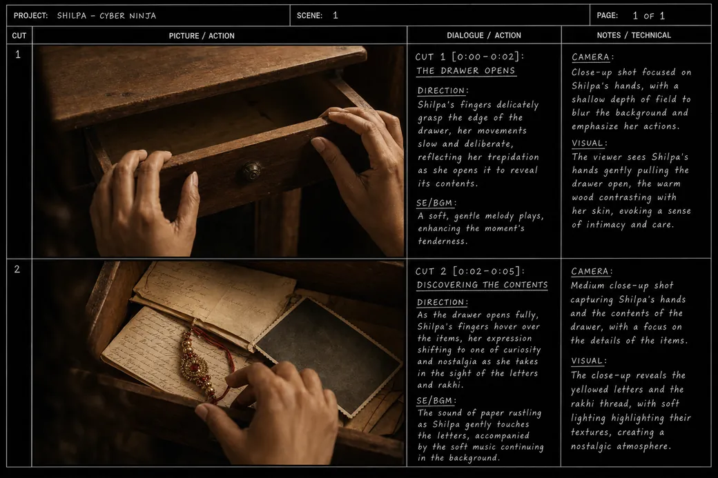 Storyboard example in table layout showing close-up coverage of hands and objects