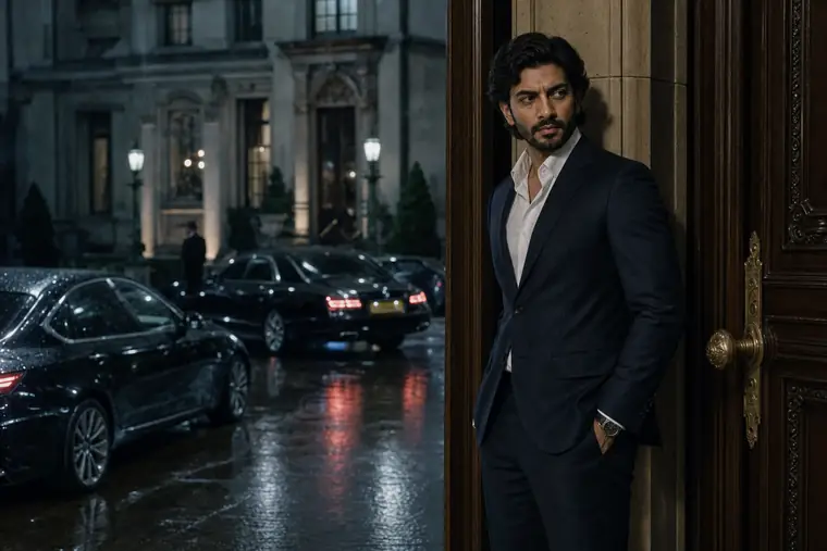 Storyboard example: night exterior wide shot of a man outside a lit mansion in the rain