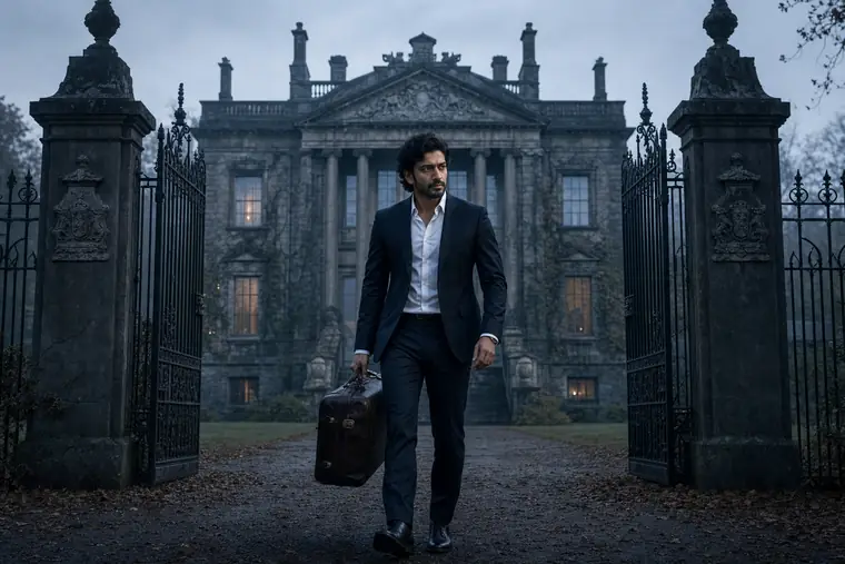 Storyboard example: dawn wide shot of the same character leaving through iron gates with a suitcase