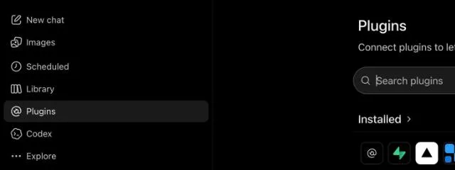 ChatGPT's left sidebar with Plugins selected, beside the Plugins page