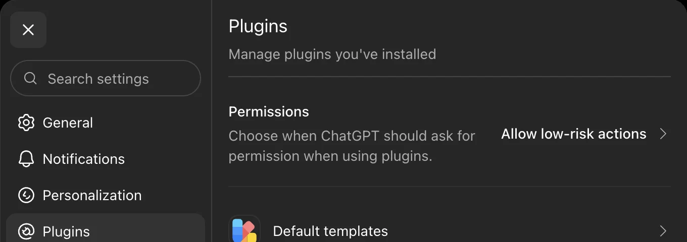 ChatGPT settings with Plugins selected in the left sidebar