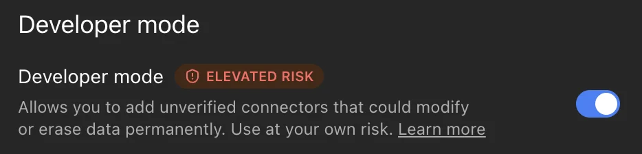 The Developer mode switch in ChatGPT's Security and login settings, turned on