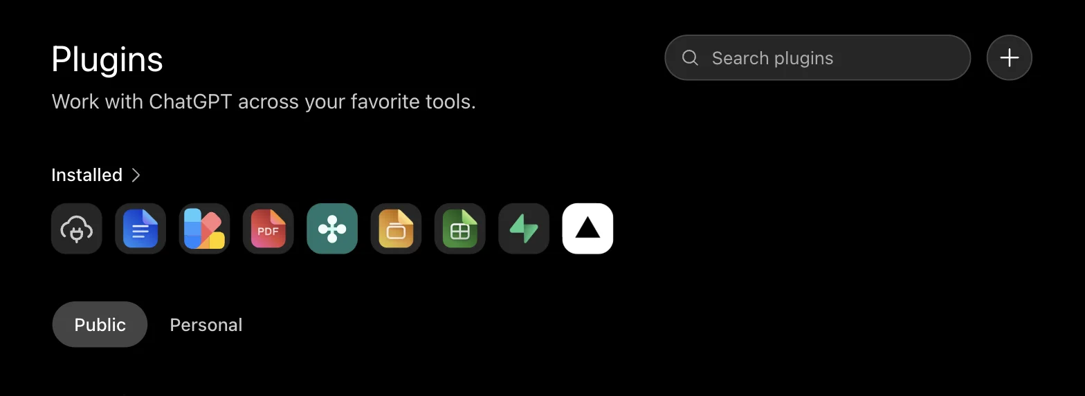 The ChatGPT plugins page, with the plus button beside the search box