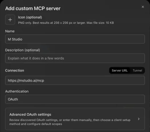 ChatGPT's Add custom MCP server form, filled in with the name M Studio and the server URL https://mstudio.ai/mcp