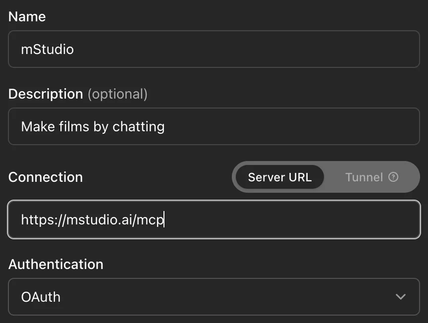 ChatGPT's New Plugin form, filled in with the name mStudio and the server URL https://mstudio.ai/mcp