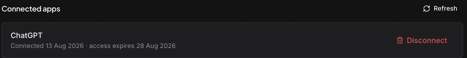 mStudio's Connectors settings listing ChatGPT as a connected app